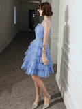 Blue Tulle Round Neckline Short Prom Dress, Cute Layered Blue Evening Party Dress HZ0429