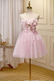 Pink Tulle Short Prom Dress, Pink A-Line Strapless Homecoming Dress HZ0429