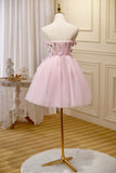 Pink Tulle Short Prom Dress, Pink A-Line Strapless Homecoming Dress HZ0429