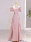 Pink Satin Long Prom Dress, Beautiful A-Line Short Sleeve Evening Party Dress HZ0429