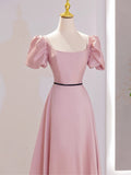 Pink Satin Long Prom Dress, Beautiful A-Line Short Sleeve Evening Party Dress HZ0429