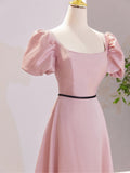 Pink Satin Long Prom Dress, Beautiful A-Line Short Sleeve Evening Party Dress HZ0429