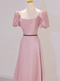 Pink Satin Long Prom Dress, Beautiful A-Line Short Sleeve Evening Party Dress HZ0429