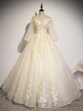 Champagne Tulle Lace Long Prom Dress, A-Line Off the Shoulder Long Sleeve Evening Dress HZ0429