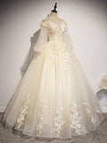 Champagne Tulle Lace Long Prom Dress, A-Line Off the Shoulder Long Sleeve Evening Dress HZ0429