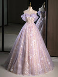 Purple A-Line Off the Shoulder Sequins Prom Dress, Lovely Tulle Corset Floor Length Evening Dress HZ0429