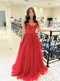 Red Strapless Lace Tulle Prom Dress, A-Line Floor Length Evening Party Dress HZ0429