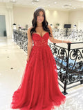 Red Strapless Lace Tulle Prom Dress, A-Line Floor Length Evening Party Dress HZ0429
