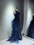 Navy Sequins Long Prom Dress, Elegant Halter Formal Evening Dress HZ0429