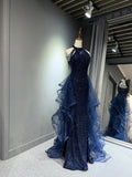 Navy Sequins Long Prom Dress, Elegant Halter Formal Evening Dress HZ0429