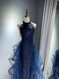 Navy Sequins Long Prom Dress, Elegant Halter Formal Evening Dress HZ0429