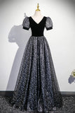 Black Velvet Tulle Long Prom Dress, A-Line Short Sleeve Evening Party Dress HZ0429