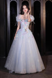 Blue Tulle Flowers Long Prom Dress, Beautiful Short Sleeve Evening Party Dress HZ0429
