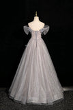 Gray Tulle Sequins Long Prom Dress, Gray Off the Shoulder Party Dress HZ0429