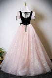 Black Velvet and Pink Tulle Long Prom Dress, Lovely A-Line Short Sleeve Evening Dress HZ0429