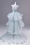 Enchanting Mint Green Floral Tulle Prom Dress with Tiered Skirt HZ0429