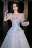 Blue Tulle Flowers Long Prom Dress, Beautiful Short Sleeve Evening Party Dress HZ0429