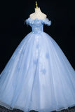 Beautiful Blue Tulle Lace Long Prom Dress, A-Line Off the Shoulder Party Dress HZ0429