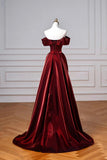 Burgundy Satin Long Prom Dress, Elegant Off the Shoulder Party Dress HZ0429
