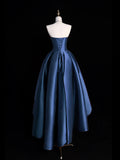 Dark Blue Satin Hight Low Prom Dress, Lovely A-Line Strapless Party Dress HZ0429