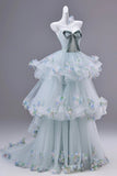 Enchanting Mint Green Floral Tulle Prom Dress with Tiered Skirt HZ0429