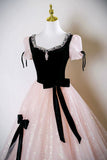 Black Velvet and Pink Tulle Long Prom Dress, Lovely A-Line Short Sleeve Evening Dress HZ0429