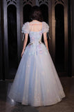 Blue Tulle Flowers Long Prom Dress, Beautiful Short Sleeve Evening Party Dress HZ0429