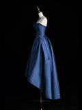 Dark Blue Satin Hight Low Prom Dress, Lovely A-Line Strapless Party Dress HZ0429