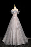 Gray Tulle Sequins Long Prom Dress, Gray Off the Shoulder Party Dress HZ0429