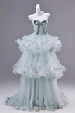 Enchanting Mint Green Floral Tulle Prom Dress with Tiered Skirt HZ0429