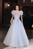 Blue Tulle Flowers Long Prom Dress, Beautiful Short Sleeve Evening Party Dress HZ0429