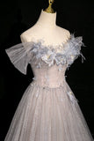 Gray Tulle Sequins Long Prom Dress, Gray Off the Shoulder Party Dress HZ0429