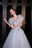 Blue Tulle Flowers Long Prom Dress, Beautiful Short Sleeve Evening Party Dress HZ0429