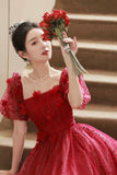 Red Tulle Short Prom Dress, A-Line Short Sleeve Evening Party Dress HZ0429