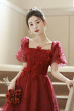 Red Tulle Short Prom Dress, A-Line Short Sleeve Evening Party Dress HZ0429