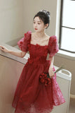 Red Tulle Short Prom Dress, A-Line Short Sleeve Evening Party Dress HZ0429