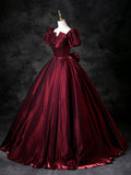 Burgundy Satin Floor Length Prom Dress, A-Line Short Sleeve Formal Dress HZ0429