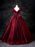 Burgundy Satin Floor Length Prom Dress, A-Line Short Sleeve Formal Dress HZ0429