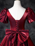 Burgundy Satin Floor Length Prom Dress, A-Line Short Sleeve Formal Dress HZ0429