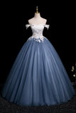 White Floral and Gray Tulle Long Prom Dress, Beautiful A-Line Party Dress HZ0429