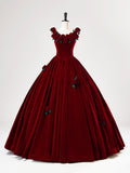Burgundy Velvet Long Prom Dress with Flower, Beautiful A-Line Formal Party Dress HZ0429