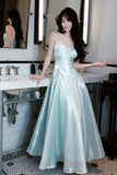 Elegant Light Blue Satin Spaghetti Strap Prom Dress with A-Line Skirt HZ0429