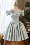 Green Satin Short A-Line Prom Dress, Lovely Off the Shoulder Party Homecoming Dress HZ0429