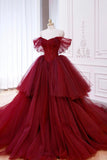 Burgundy Tulle Beads Long Prom Dress, A-Line Off the Shoulder Formal Evening Dress HZ0429