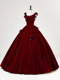 Burgundy Velvet Long Prom Dress with Flower, Beautiful A-Line Formal Party Dress HZ0429