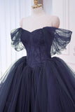 Navy Tulle Beads Long Prom Dress, Elegant Off the Shoulder Evening Party Dress HZ0429