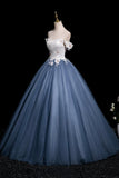 White Floral and Gray Tulle Long Prom Dress, Beautiful A-Line Party Dress HZ0429