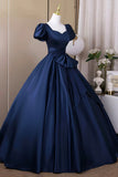 Navy Satin Long Prom Dress, Elegant Short Sleeve Evening Party Dress HZ0429