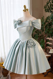 Green Satin Short A-Line Prom Dress, Lovely Off the Shoulder Party Homecoming Dress HZ0429