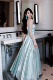 Elegant Light Blue Satin Spaghetti Strap Prom Dress with A-Line Skirt HZ0429